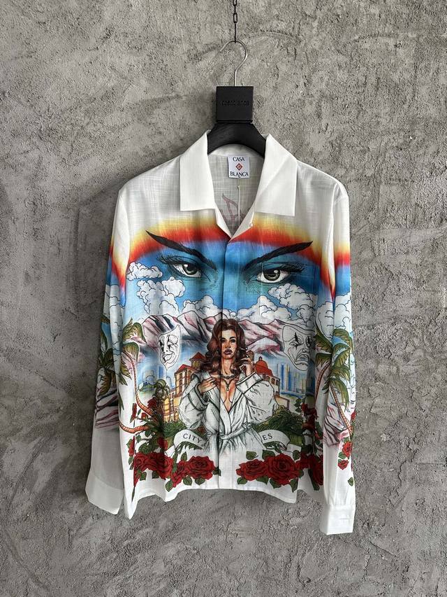 Casablanca 2025Ss mask pattern linen long-sleeved shirt. Custom-made high-densit