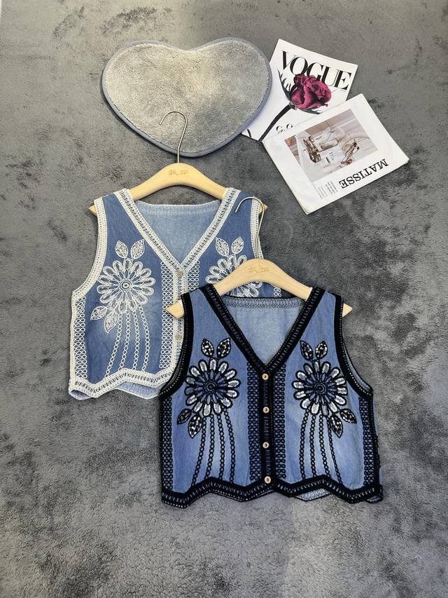 new niche design denim sequin vest blue and white, blue and black Sml
