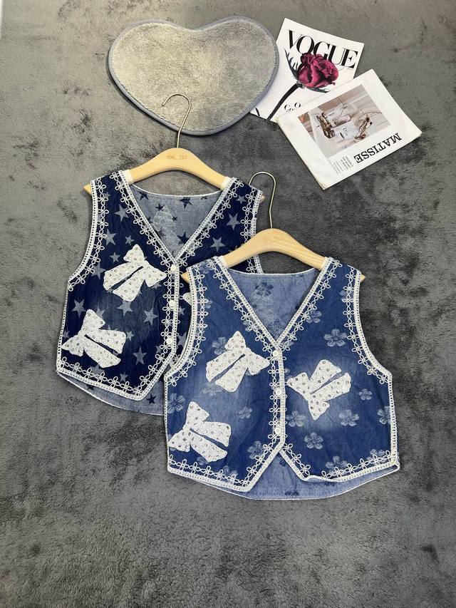 new niche design denim bow sequin vest light blue, dark blue Sml