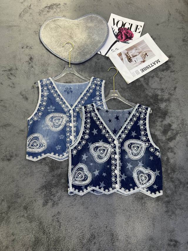 New niche design denim heart-shaped sequined vest light blue, dark blue Sml