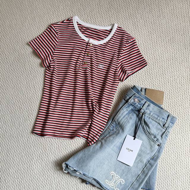 Celin red striped T-shirt, the highest version shipped! Custom-woven and custom-