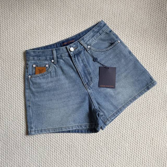 Lv jacquard embroidery shorts imported enzyme washed denim blue high waist tailo
