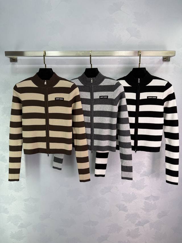 Miu 25 Early Fall new striped knit cardigan featuring a stand-up collar, double