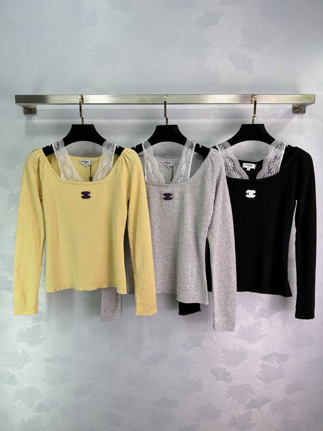 Chane*'s latest 2025 Early Fall collection! Lace-trimmed knit long-sleeve top! M