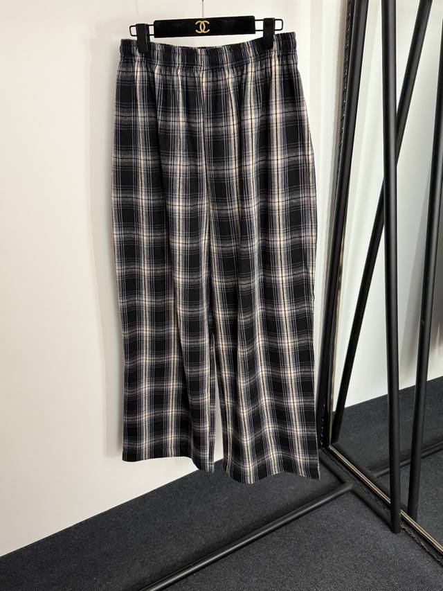 Style No. 20254454 Balenciag* new retro plaid elastic waist linen wide-leg trous