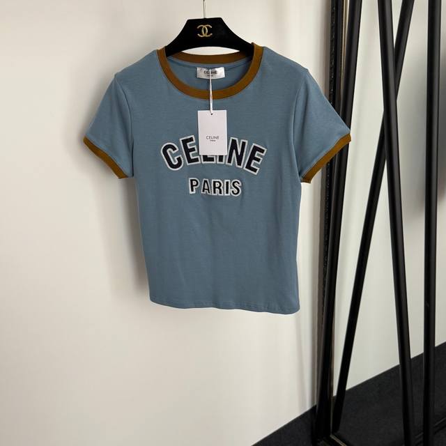 Style No. 20254434 Celin* new logo embroidered letters colorblocked hem round ne