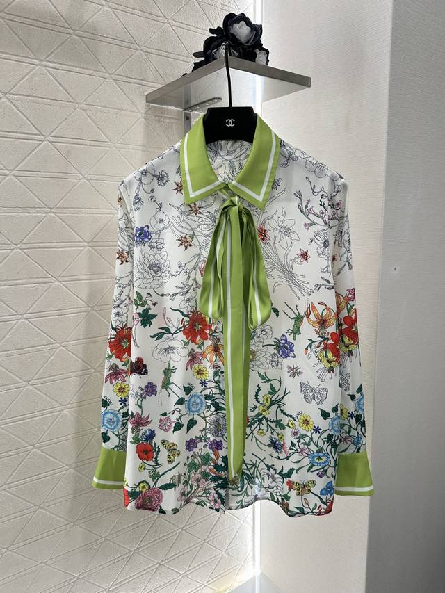 Gucc*2025 New Arrival Printed Ribbon Long-Sleeved Shirt Custom YB Imported Twill