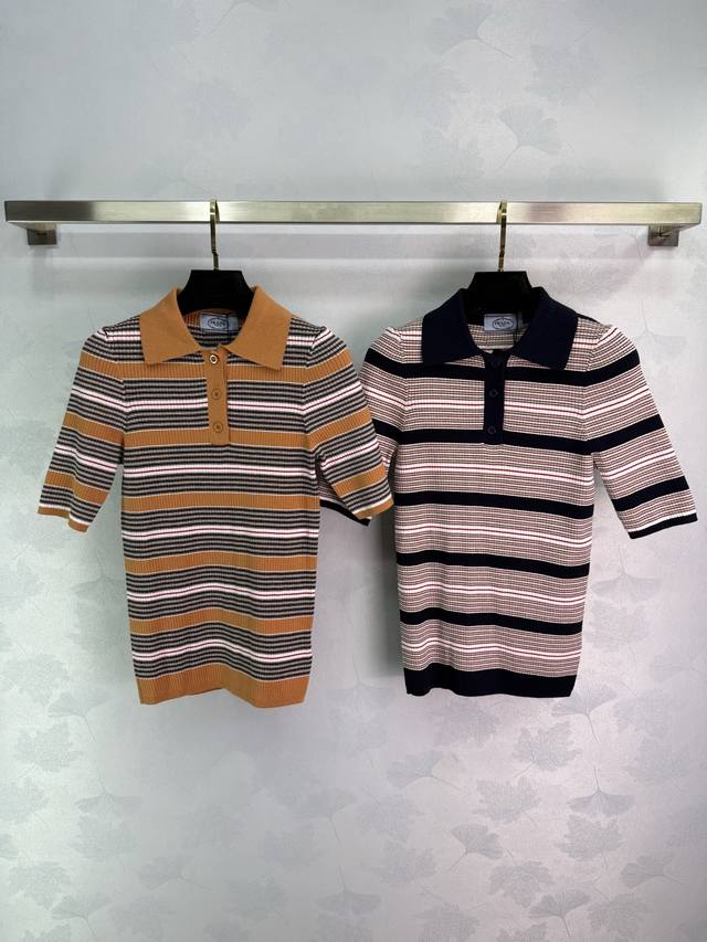 Prad*'s latest 2025 Early Fall collection! Striped lapel knit short-sleeve top!