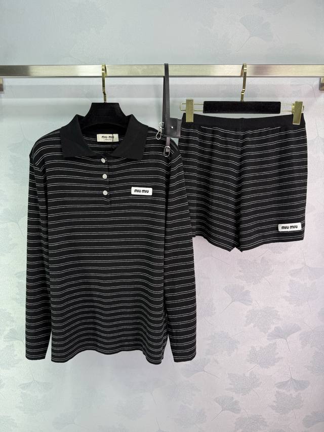 Miumi* 2025 new arrivals. Belt-striped long-sleeved top and shorts set. Custom-m