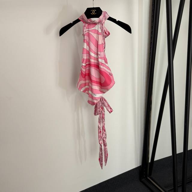 Style No. 20254401 Pucc* New Bow Tie Halter Neck Silk Vest Top, Pink, S-Xl,