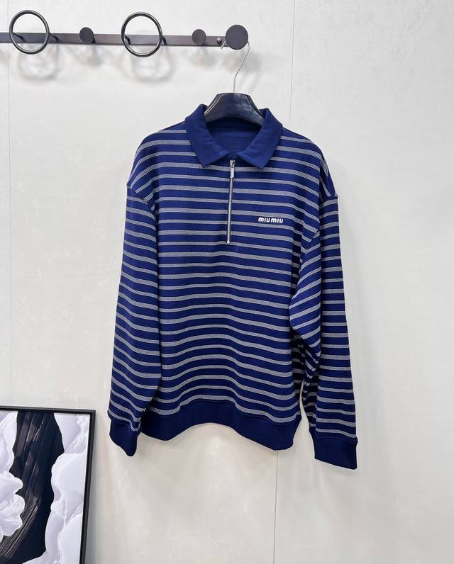 Miumiu striped logo embroidered sportswear lapel sweatshirt. A bestseller at the