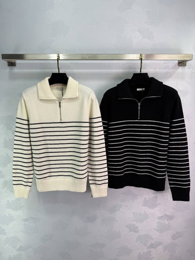 Miu*25 Early Fall new black and white striped sweater with a half-zip stand-up c