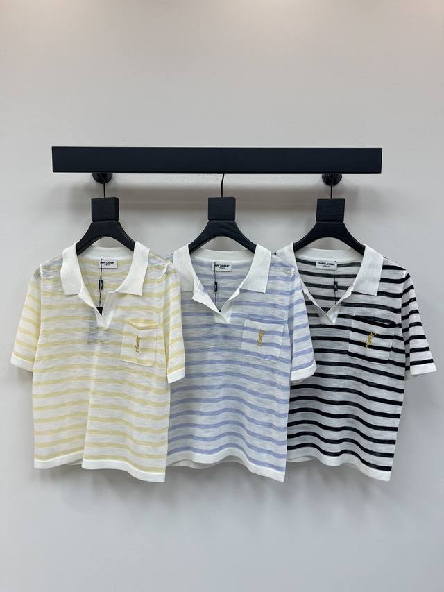 Ysl*25 Spring/Summer new lapel striped knit short-sleeve top! Custom-made, impor