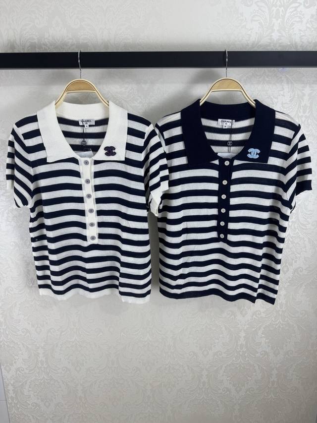 Chane*2025 new summer color-block striped short-sleeved lapel half-open placket,