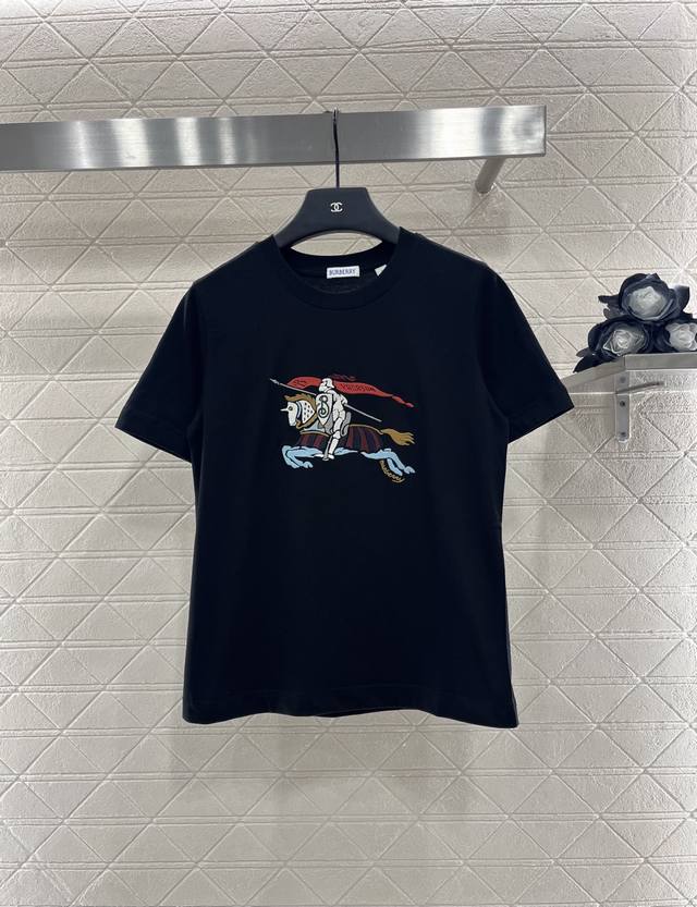 Burberr*2025 New Arrival Round-neck Embroidered War Horse Custom Yb Original Cot