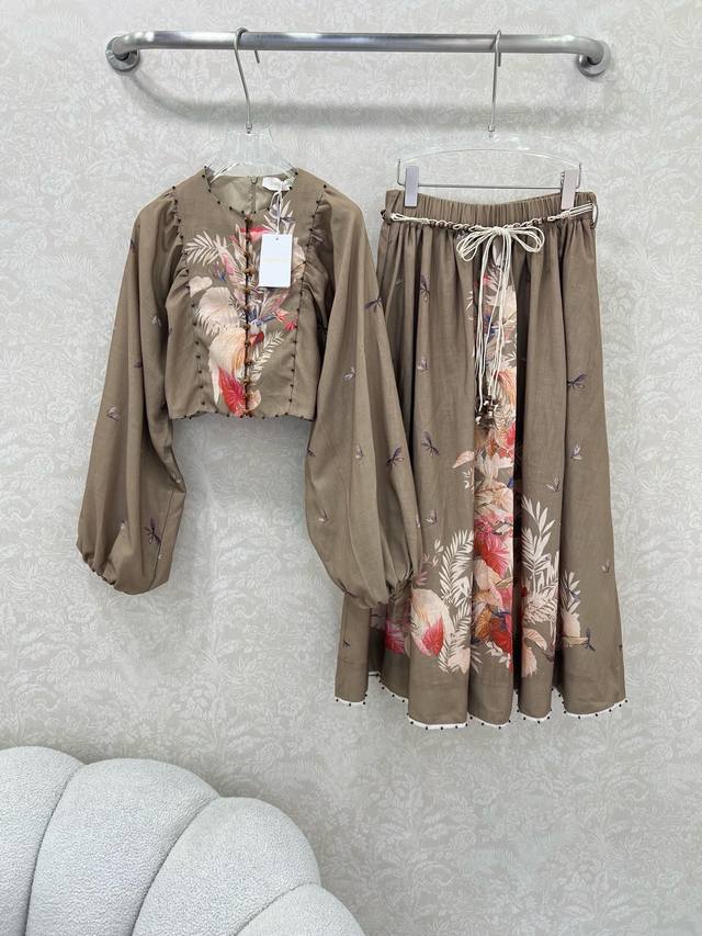 Zimmerman 25 new set: off-shoulder, lantern-sleeve printed top, high-waist, wide