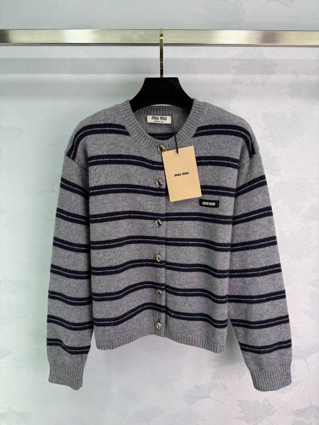 Miumi* 2025 New Arrival Striped Knit Long-Sleeved Cardigan. Custom-made with Yb