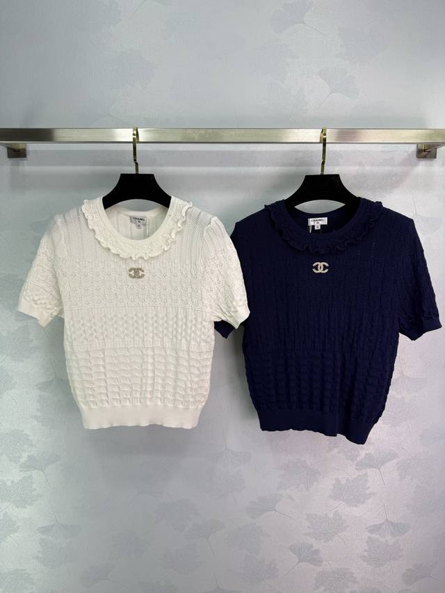 Chane*'s latest 2025 Early Fall collection! Lace-neck knit short-sleeve top! Cus