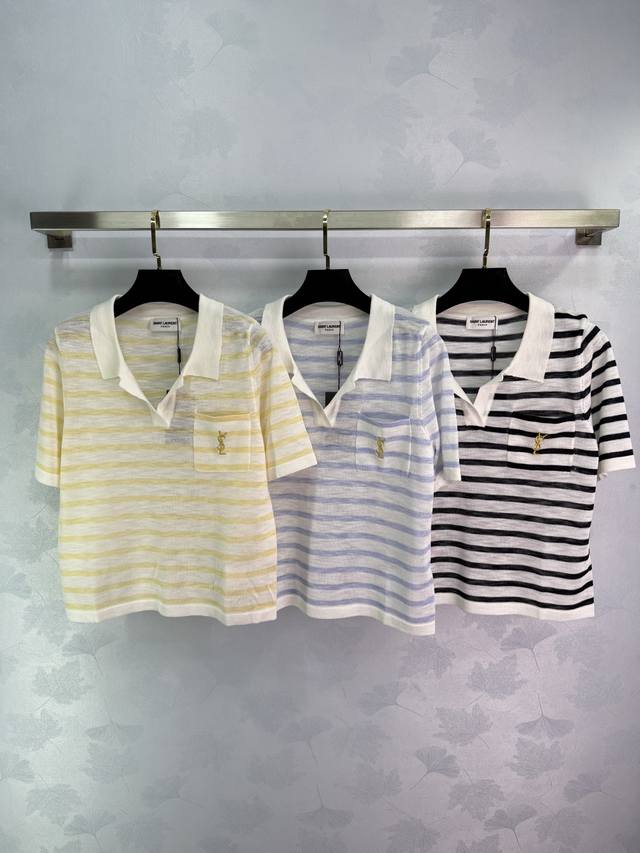 Ys*'s latest 2025 Spring/Summer collection! Lapel striped knit short-sleeve top!