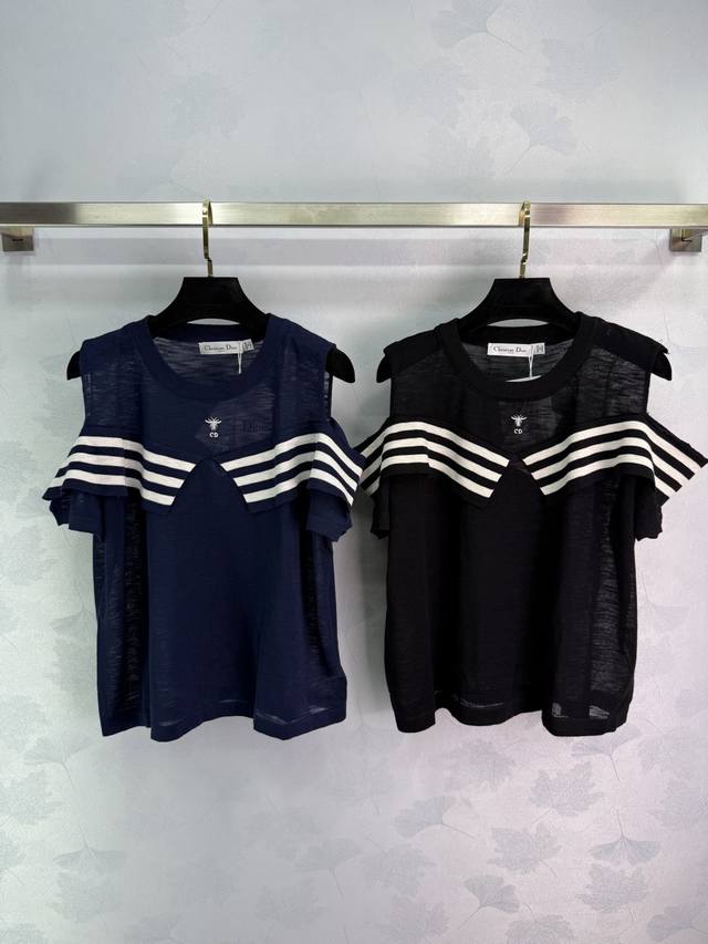 Dio*2025 Spring/Summer new style off-the-shoulder striped knit short-sleeved nav