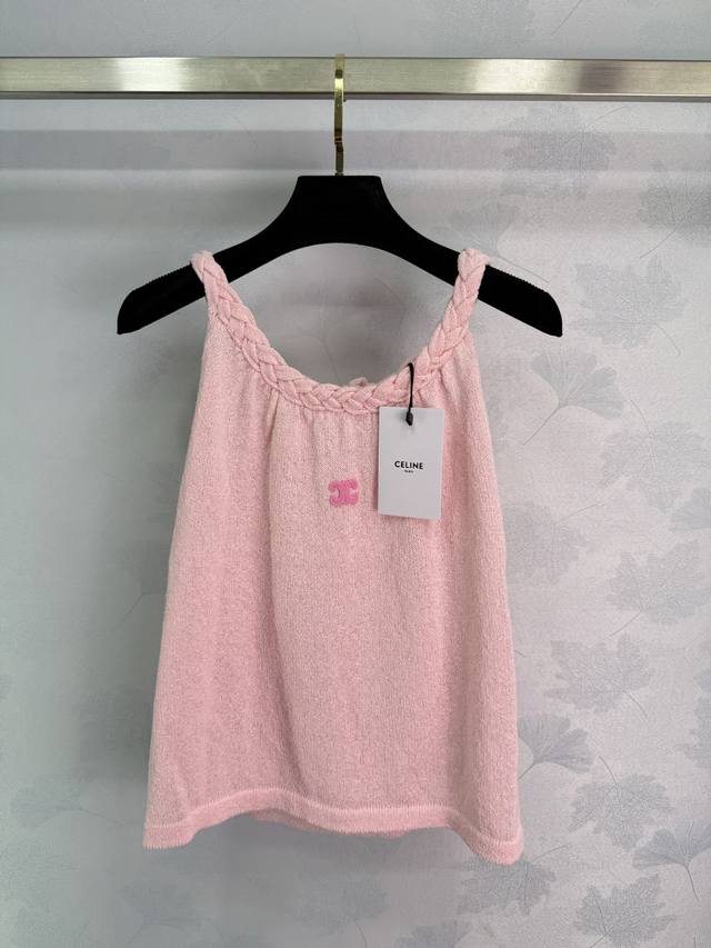 Ce*25 New Pink Braided Halter Knitted Vest with Logo Design on the Chest. Halter
