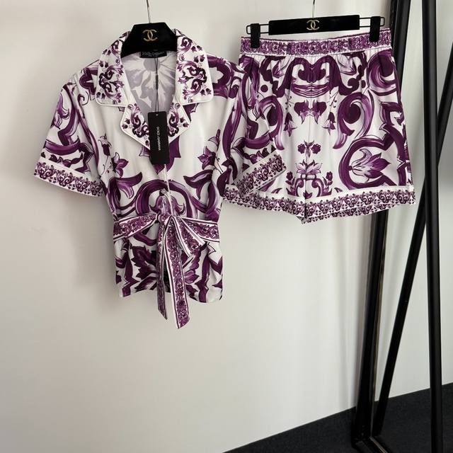 Style No. 20254390 Dg* New style suit, retro pattern print tie waist short-sleev
