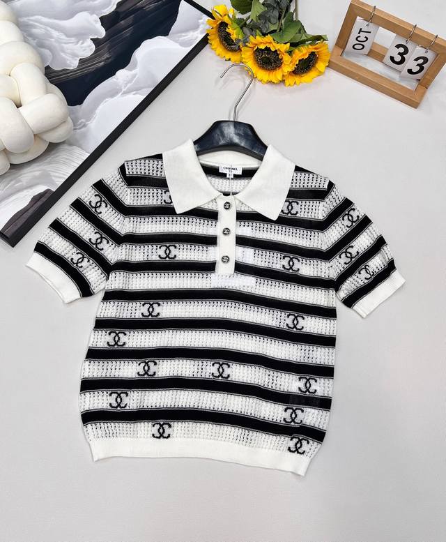 Chanel 25 new summer model, a knitted polo collar short-sleeved top with a cover