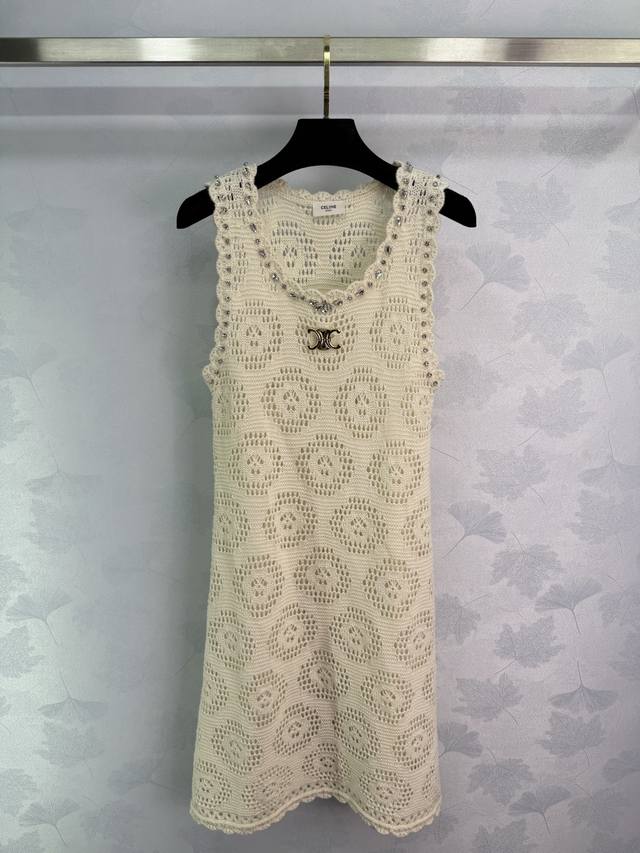 Ce*2025 New Hollow Knit Dress with Exquisite Beading on the Chest. Elegant and C