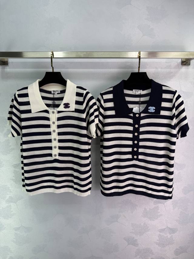 Chane*2025 new summer colorblock striped short-sleeved lapel half-open placket,