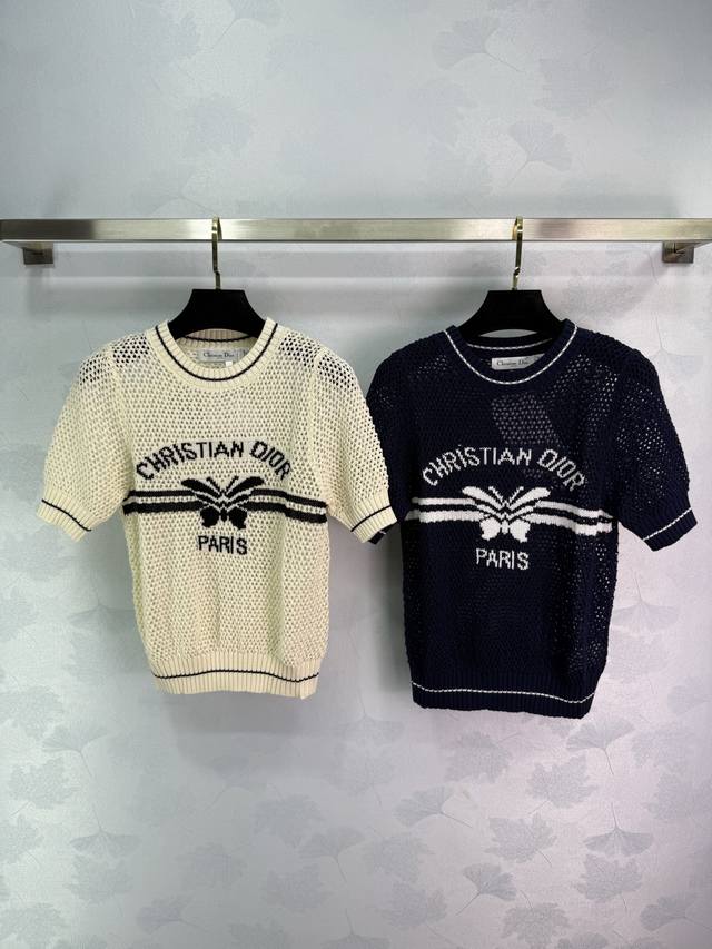 Dio*25 summer new hollow knit short-sleeved top with classic logo print. Breatha