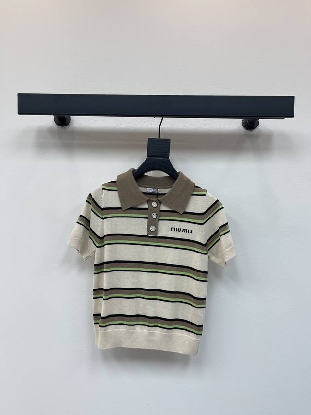 Miumi*25 new striped lapel knit short-sleeved oversized body with contrasting st