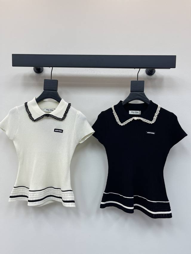 Miumi*25 new lace doll collar knit short sleeves, super elegant small lapel desi