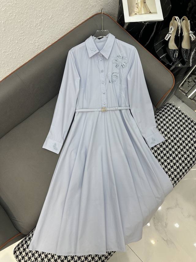 Gucc* 25Ss new long-sleeved shirt dress with floral embroidery on the chest and
