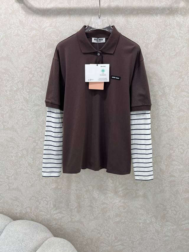 Miumi*25 new lapel, faux two-piece, long-sleeved T-shirt with a sophisticated, v