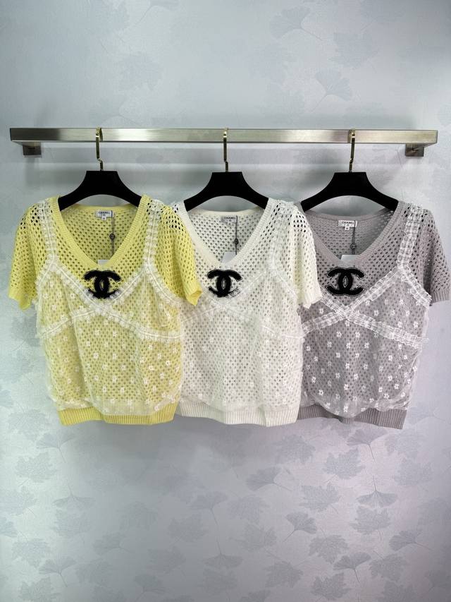 Ch*2025 Spring/Summer new knit short-sleeved top with Chanel logo embroidery on