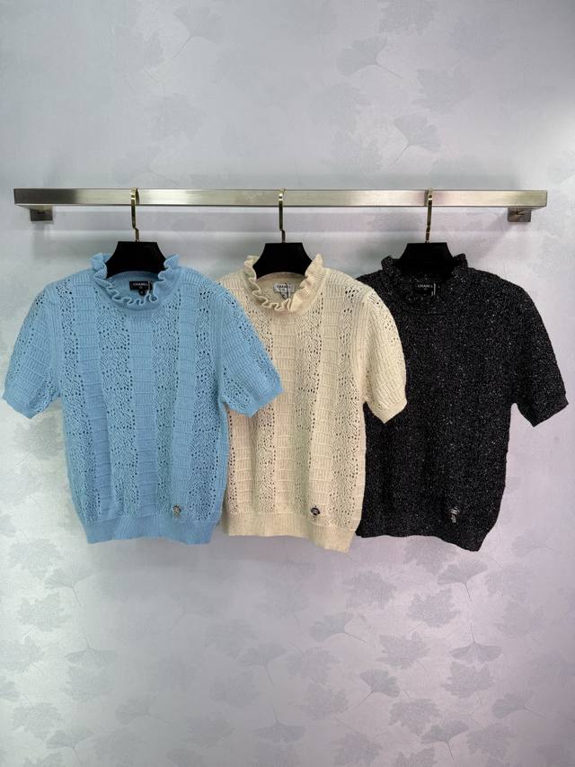 Chane*2025 New Arrivals: Wood ear lace stand-up collar knitted short-sleeved top