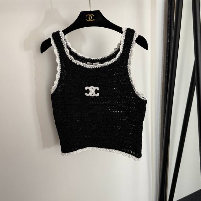 Style No. 20254343 Celin* newest logo embroidered hollow knitted camisole, black