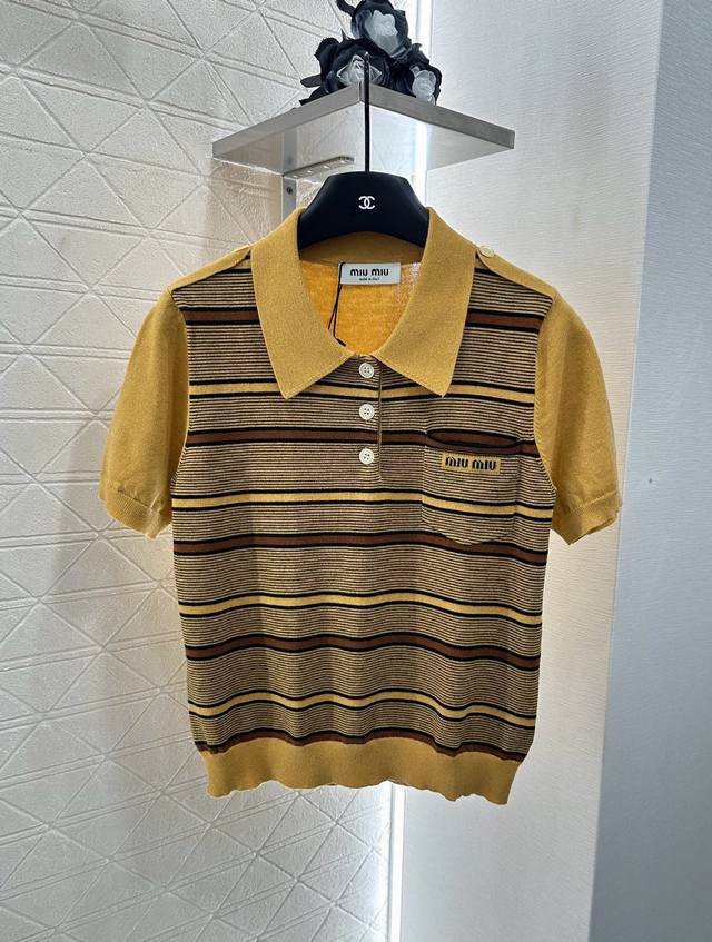 Miumi*2025 New Arrival. Lapel knit short-sleeved top, custom-woven from Yb wool
