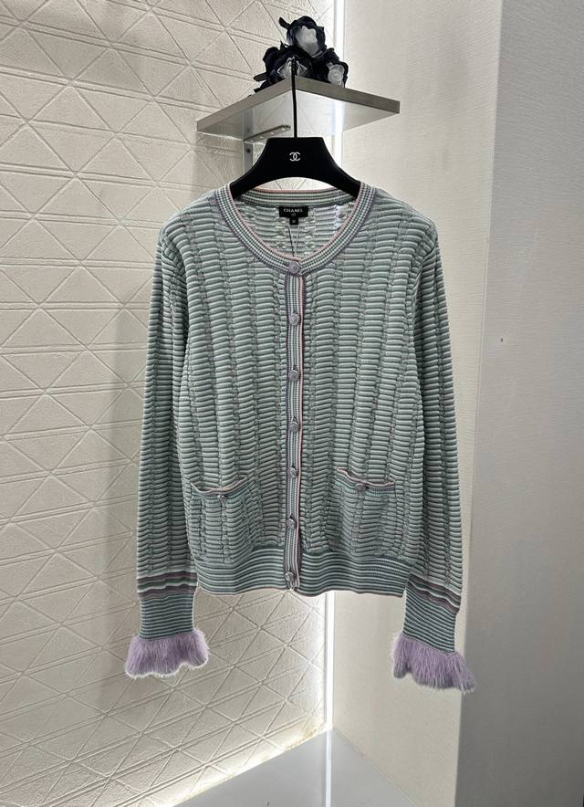 Chane*2025 New Arrival Striped Knit Cardigan, custom-made from Yb wool yarn. Sof
