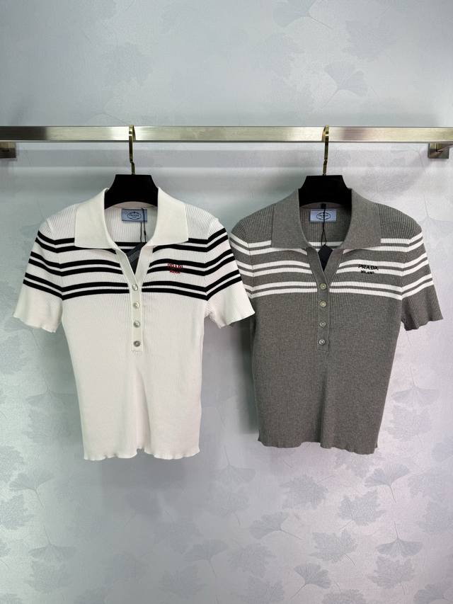 Pr*2025 Spring/Summer new knitted short-sleeved polo shirt with a striped design