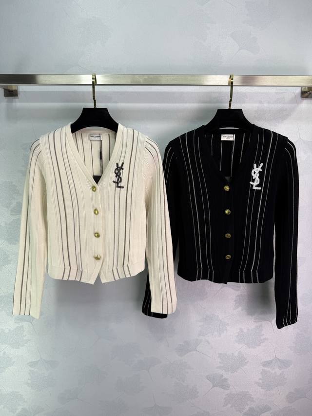 Ys*2025 Early Fall new V-neck knitted cardigan with vertical stripes and logo em