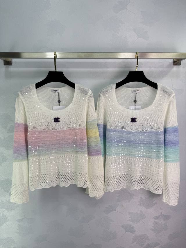 Ch*2025 Early Fall new rainbow sequin sweater. White base with gradient rainbow