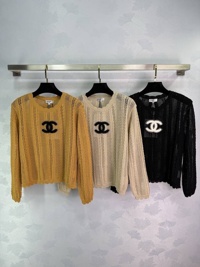 Ch*2025 Early Fall New Hollow Knit Sweater Classic Double C Logo Embellished Hol