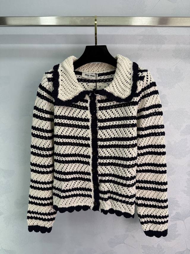 Miu Miu*25 new spring/summer black and white striped hollow knit long-sleeved ca