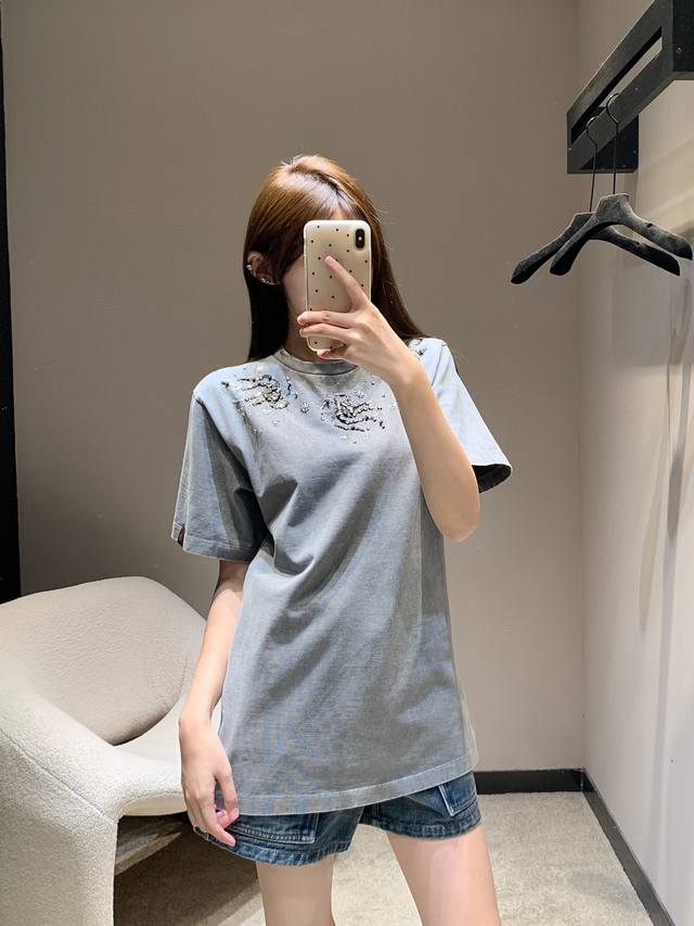 Louisvuitt* 25Ss Spring/Summer new color-blocked distressed beaded crewneck shor