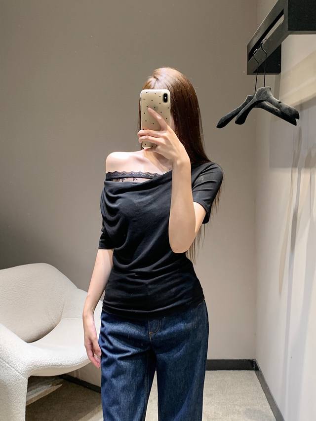 Miumi* 25Ss new spring/summer lace-paneled, off-the-shoulder short-sleeved T-shi