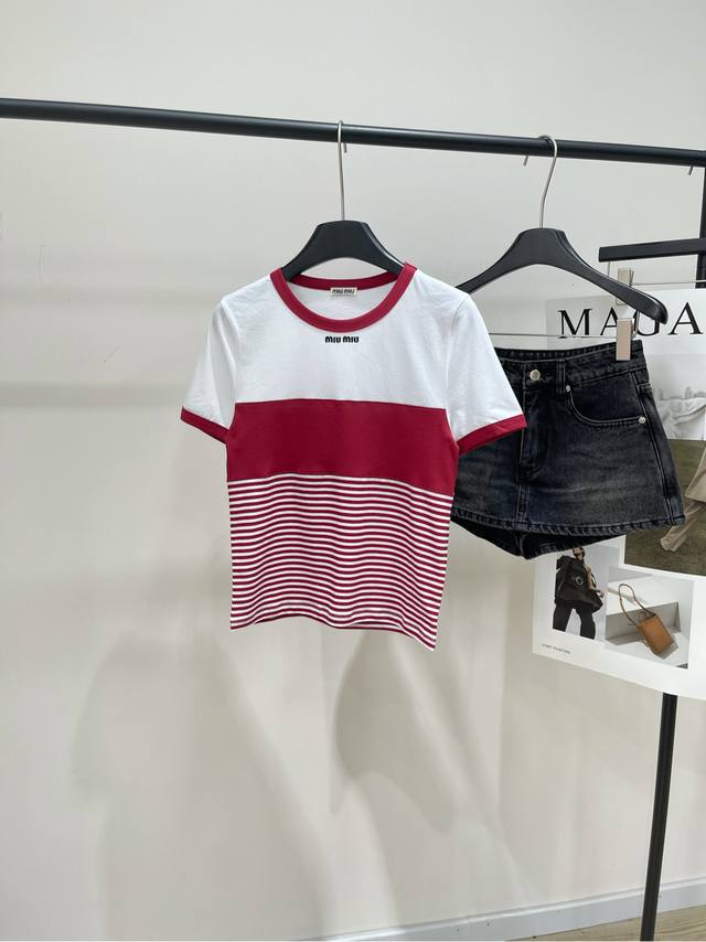 M Red and white colorblock letter embroidered short-sleeved T-shirt.0, Fabric: C