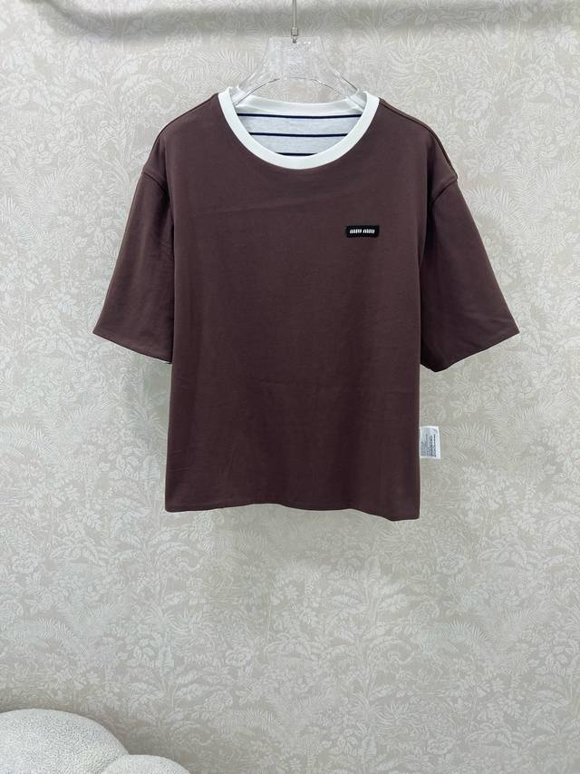 Miumi*25 new round-neck striped double-sided short-sleeved T-shirt, one side str