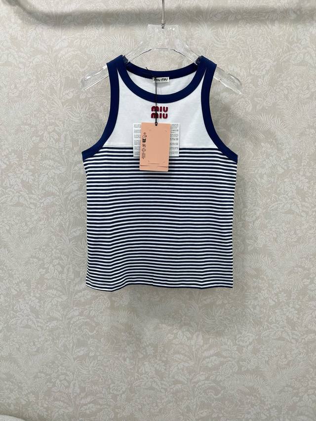 Miumi*25 new round-neck blue striped vest top, custom-made by Yb imported cotton