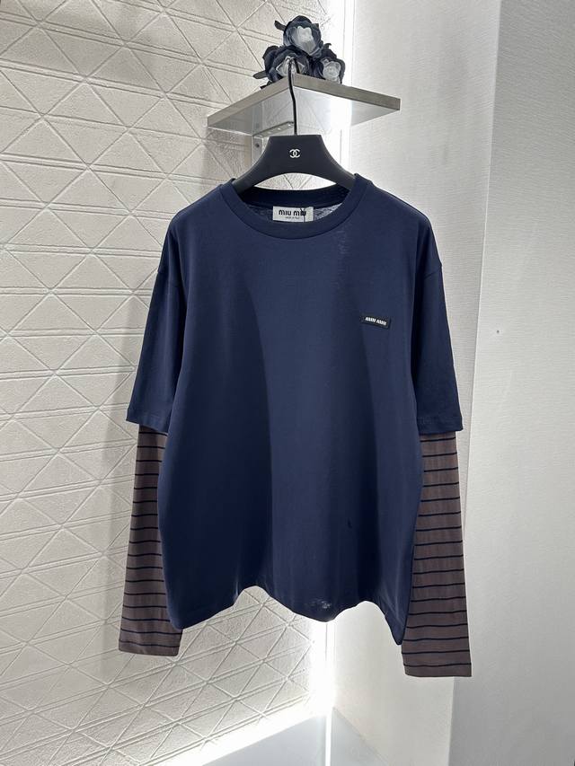 Miumi*2025 new arrivals. Fake two-piece striped long-sleeved custom Yb imported